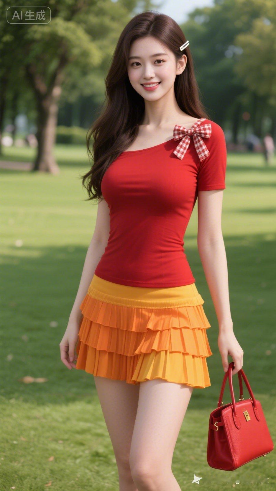 一个穿红裙子的女孩在草地上微笑。