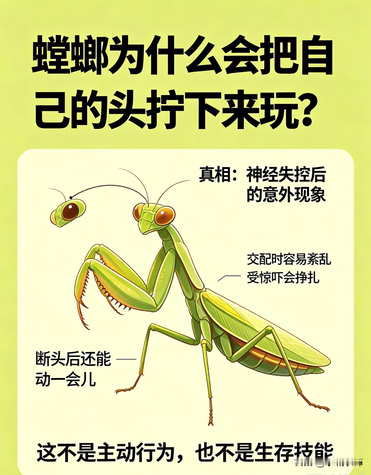 螳螂并非故意把脑袋拧下来玩。主要是雄性螳螂交配时，受神经冲动干扰，身体失控，会出