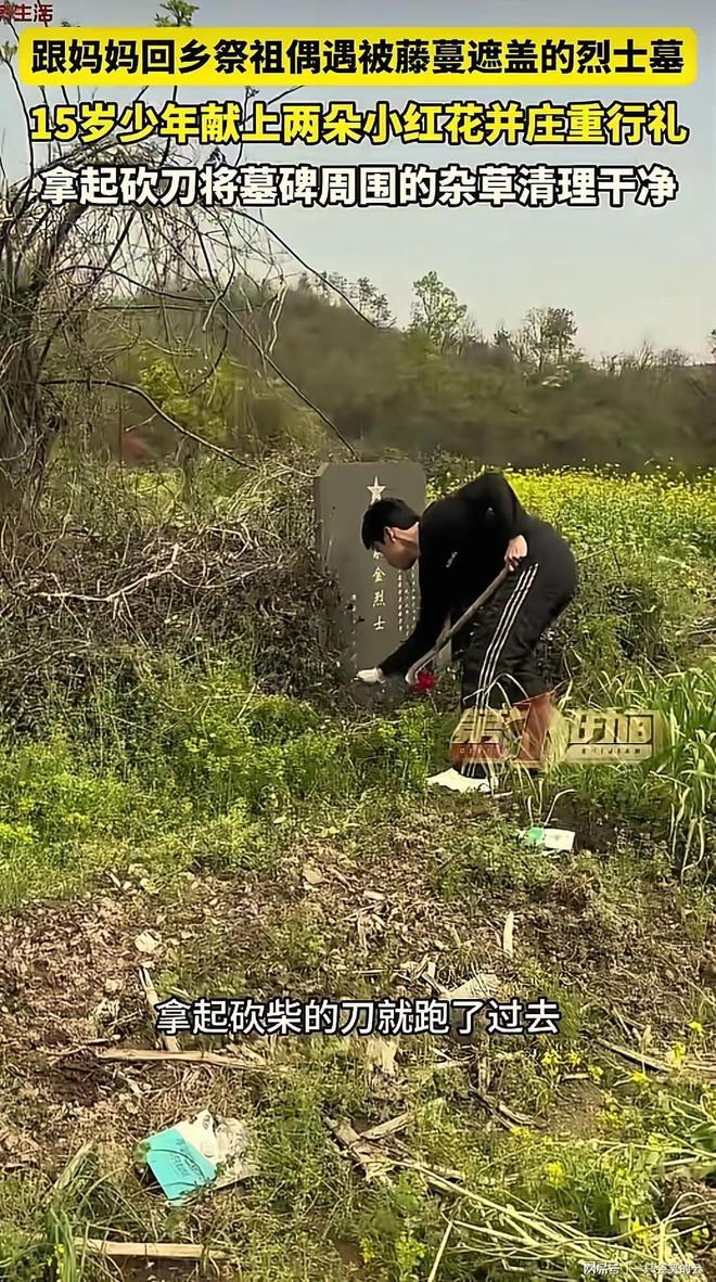 江西九江，一女子带15岁儿子回乡上山祭祖，意外在途中发现一座长满藤蔓的烈士墓，两