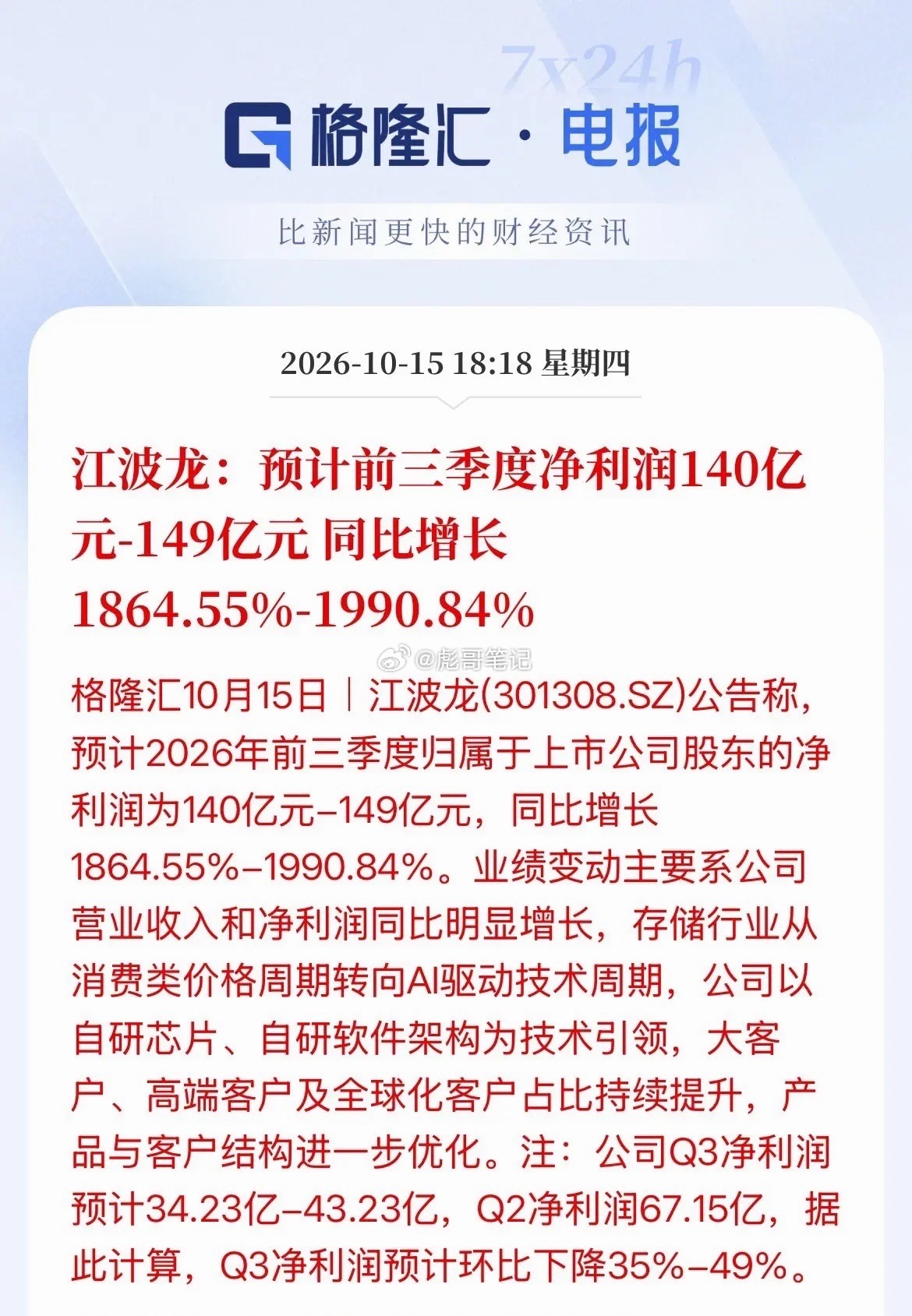 数据好看！全看第二季度支撑，第三季度净利润几乎要腰斩了！江波龙发布公告！预计前三