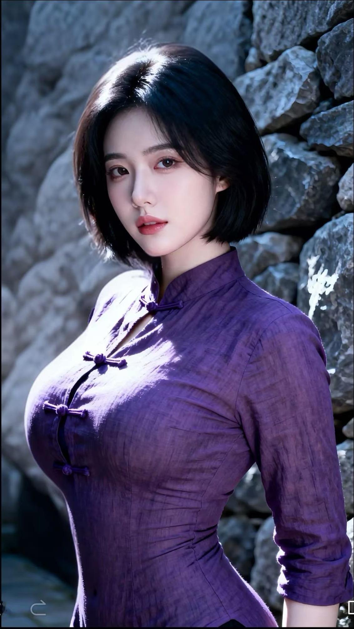 紫韵风华她身着一袭典雅的紫衣，宛如从旧时光中款款走来。立领设计衬出修长脖颈，