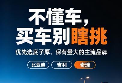 不懂车怎么选车？优先选底子厚、保有量大的主流品牌。国产看比亚迪、吉利、奇瑞
