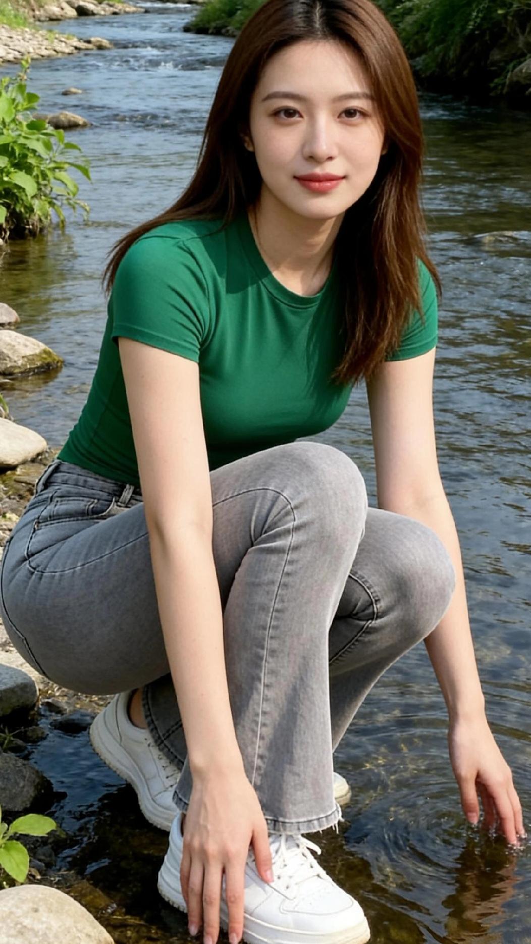 绿衣美人倚水边，轻抚流水意悠然。
