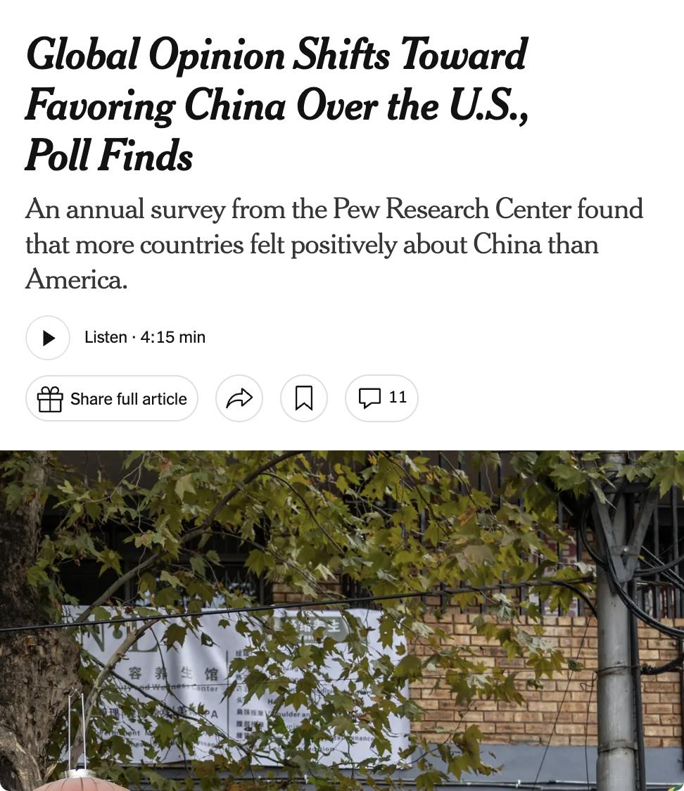 美媒：皮尤研究中心（PewResearchCenter）最新全球民调结果显示