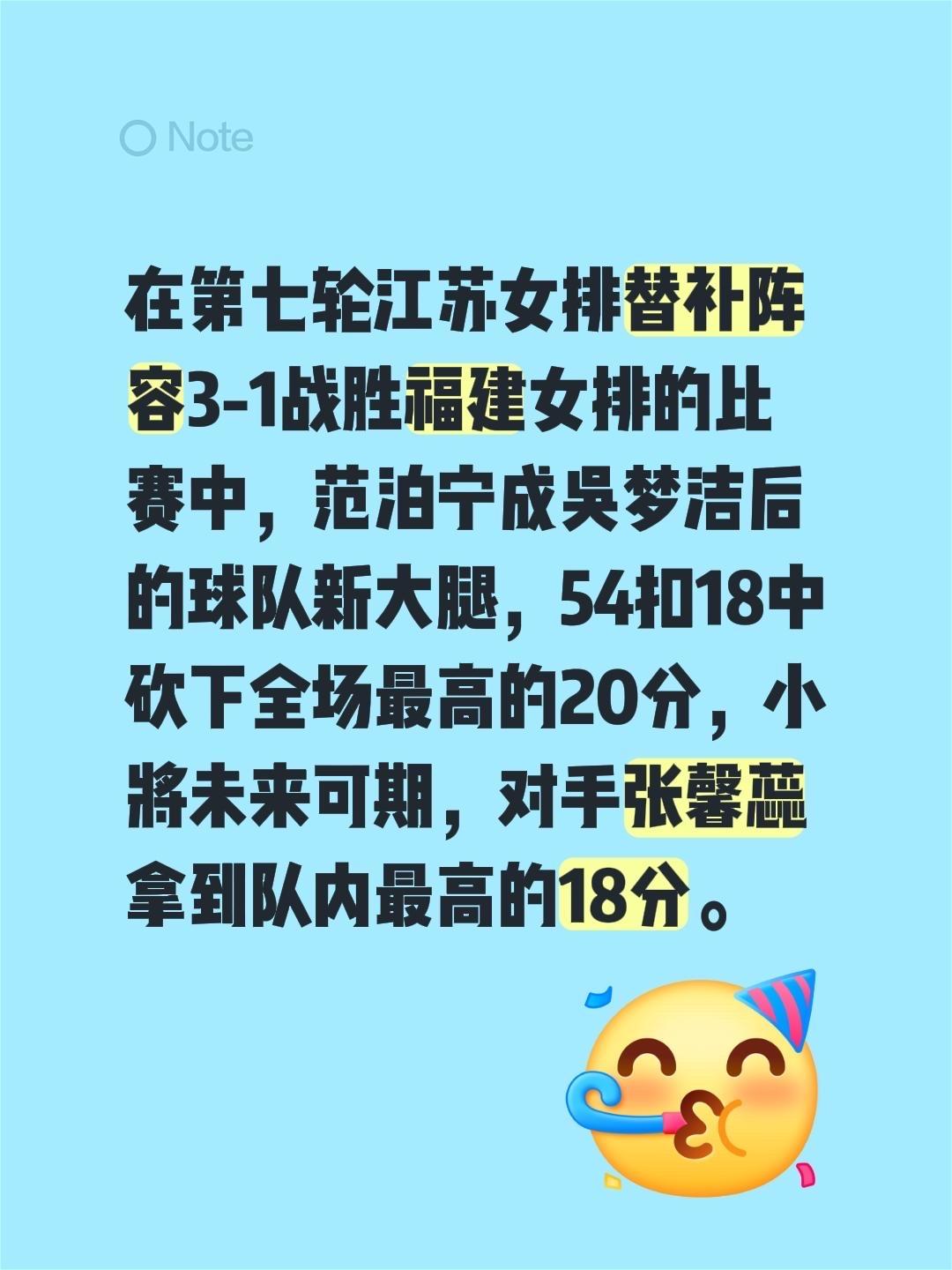 在第七轮江苏女排替补阵容3-1战胜福建女排的比赛中，范泊宁成吴梦洁后的球队新大腿