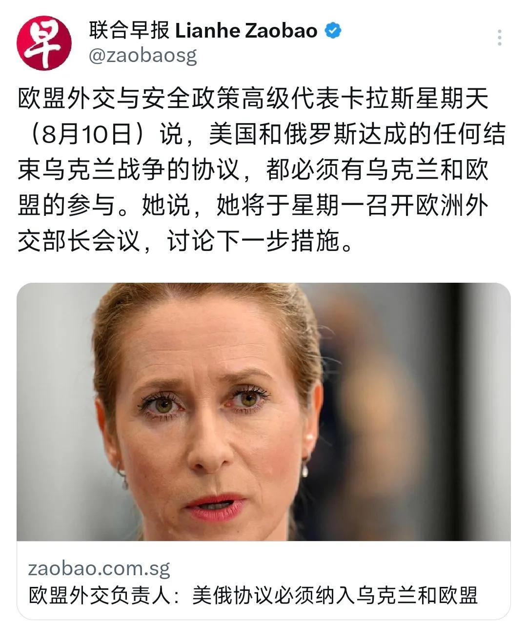 外媒昨晚（8月10日晚）报道：“欧盟外交与安全政策高级代表卡拉斯星期天（8月10