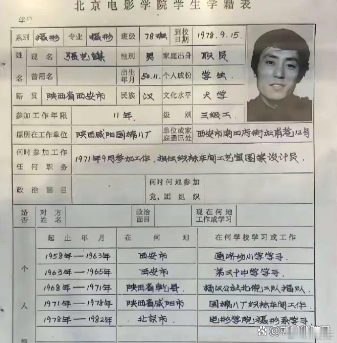 1978年，张艺谋填的学籍表。字如其人，有板有眼，难怪能成大导演。