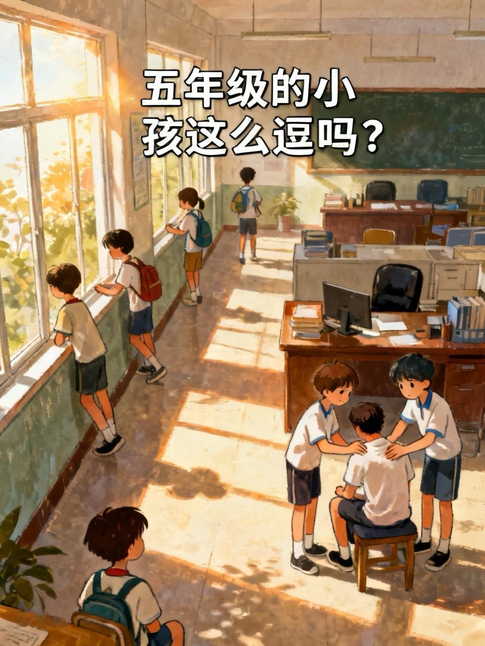 五年级的小孩这么逗吗？为了骗老师，全班同学分工合作。孩子一边讲，我一边笑。昨