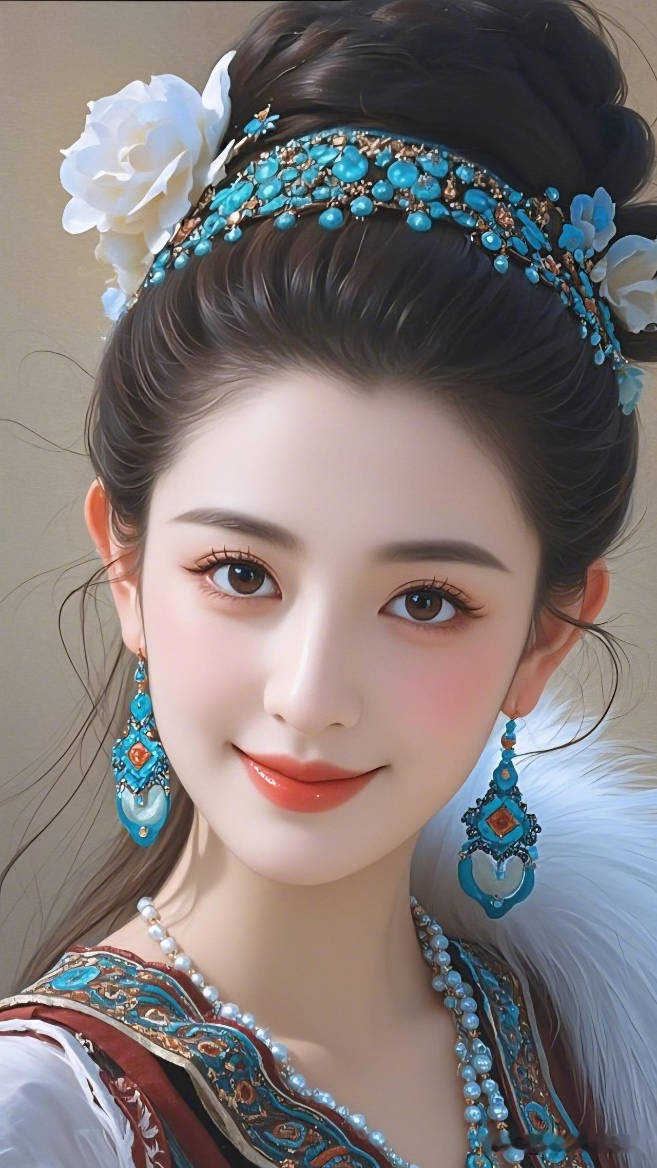 花钿美人笑，珠光玉色妆。把你最美丽照片晒出来看看梦幻古风少女，头戴花冠，耳饰华