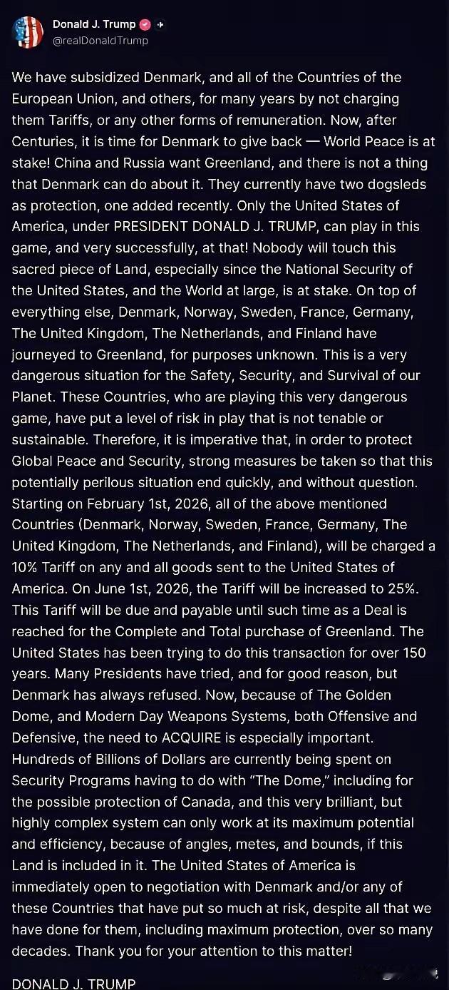 特朗普对格陵兰岛“势在必得”，欧洲各国“怂”是必然的昨天特朗普又开始发小作文了