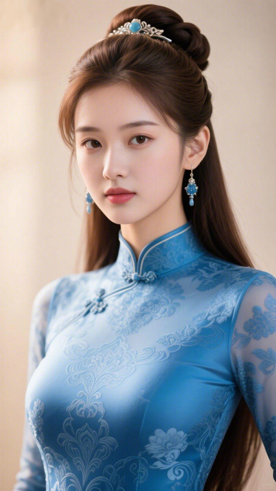 《青瓷旗袍的温婉韵》暖光轻裹衣袂，她身上这袭青瓷蓝旗袍，似将江南烟水绣入纹