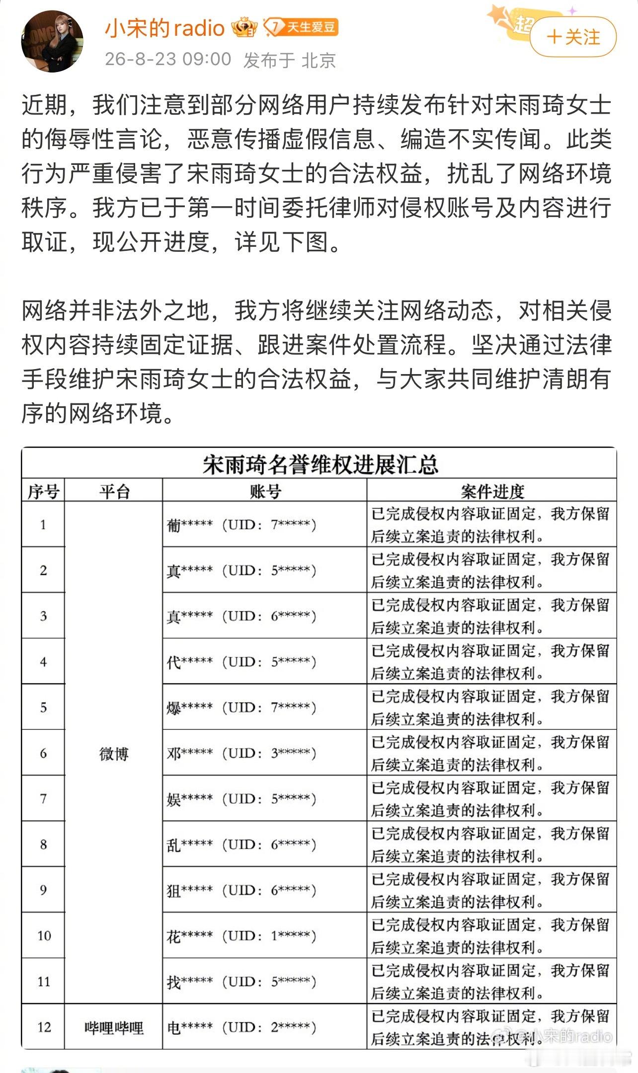 宋雨琦方公布告黑名单
