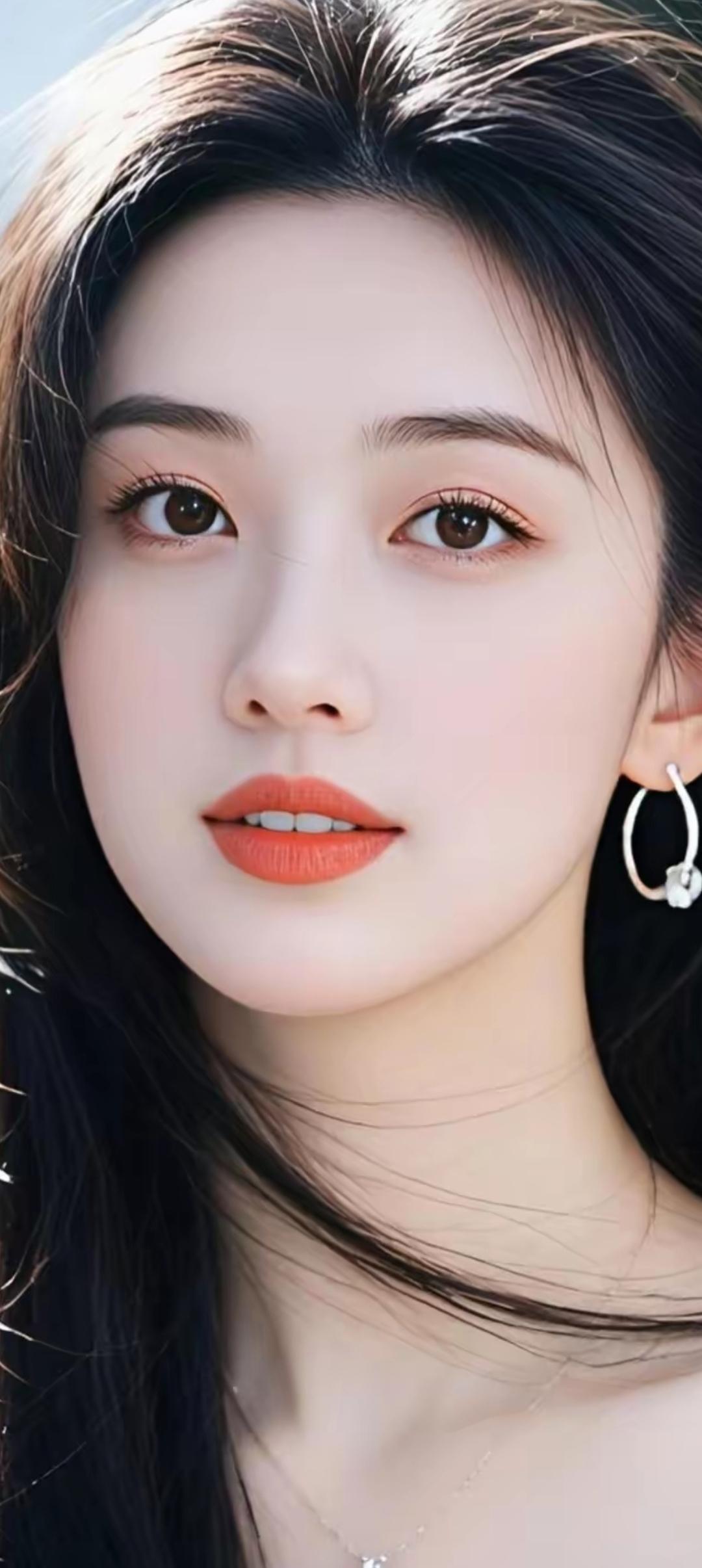 温柔甜美的少女，粉嫩的唇妆，闪闪发光的耳环，阳光下的美丽瞬间。🌞💖✨