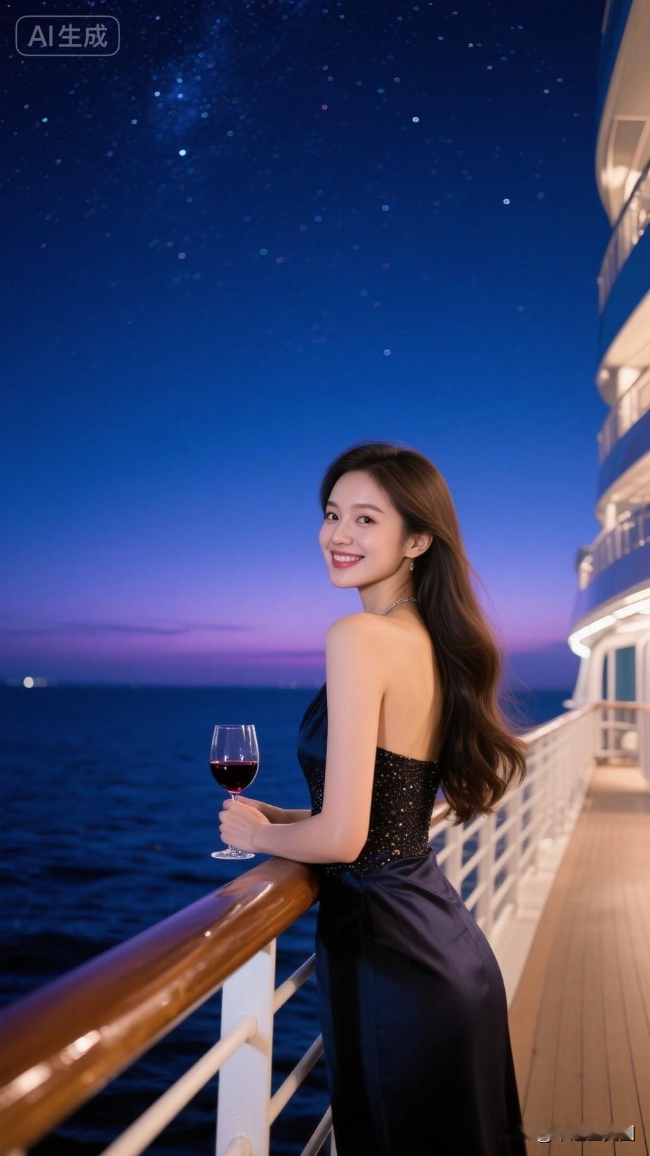 夜晚海上，美女手拿红酒杯。