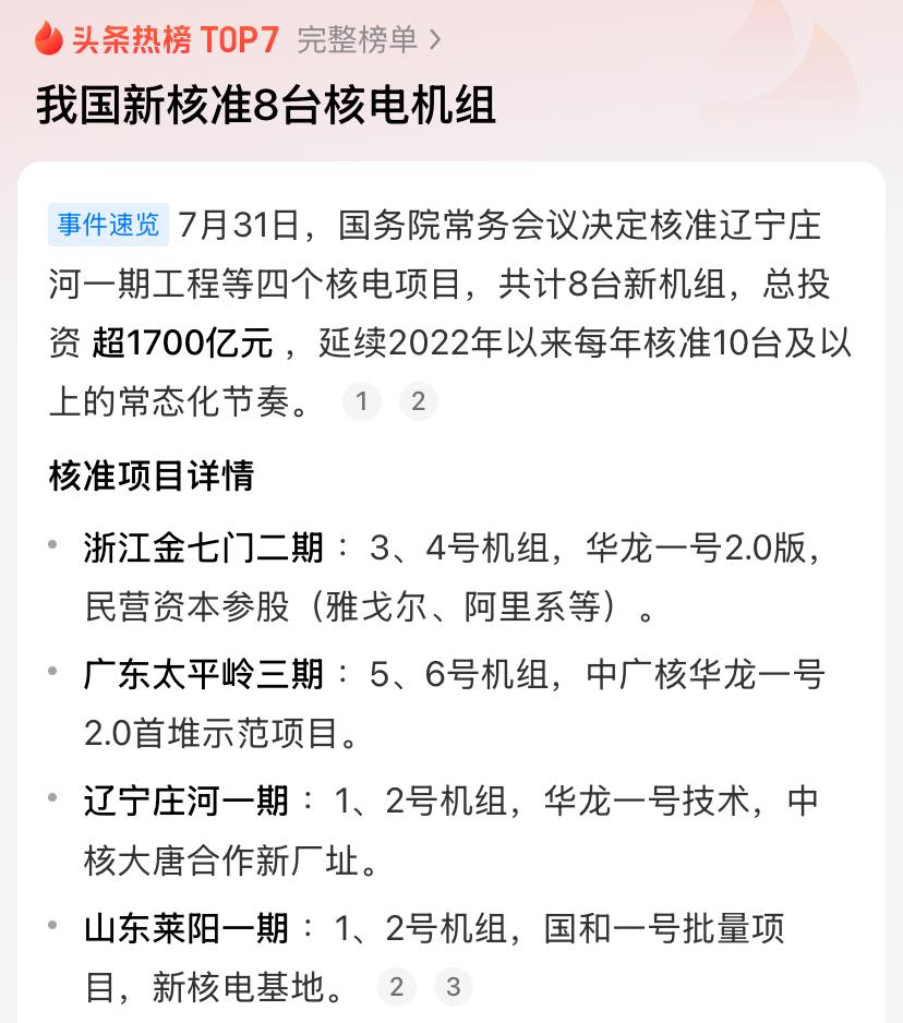 我国新核准8台核电机组一次性核准8台核电机组，总投资超1700亿，这条消息出