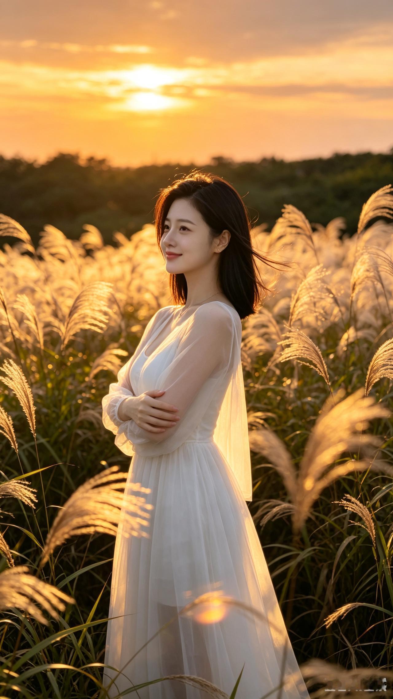 夕阳下，她站在花田中，真美！