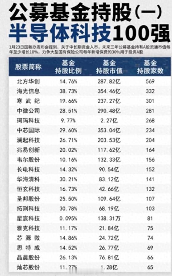 半导体科技龙头企业100强名单出炉！（公募基金持仓比例排名）