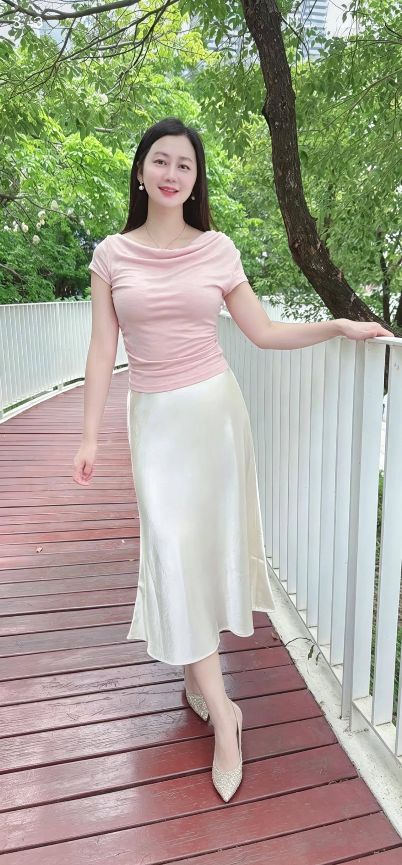 她穿着粉色上衣和白色长裙，站在木桥上。