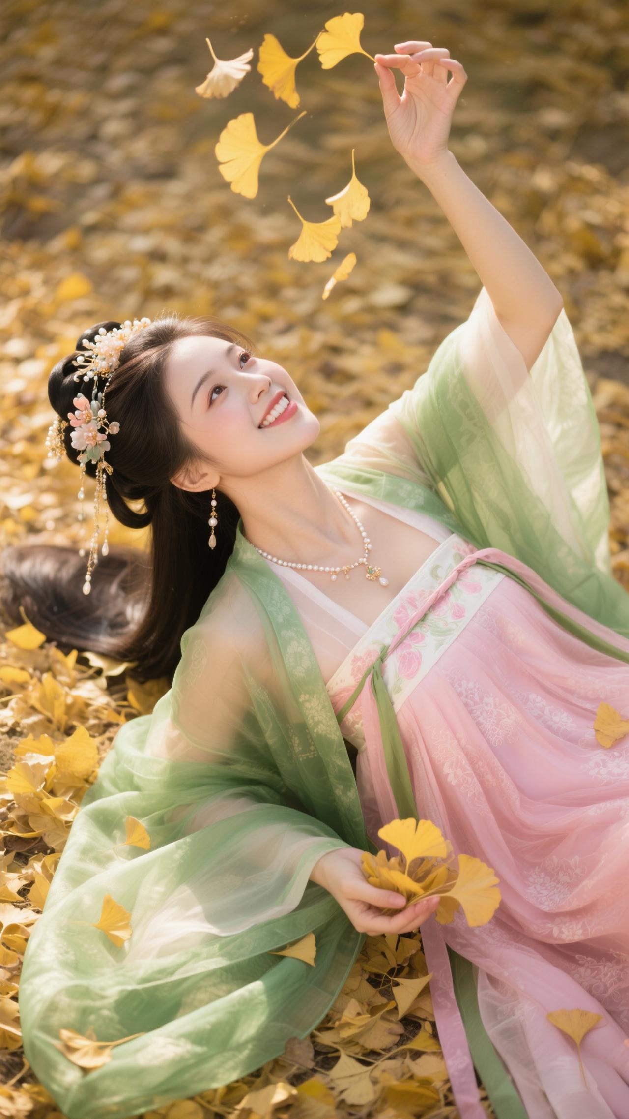 拈叶闲抛逐晚风，笑看金英飞坠。汉服小姐姐古风古装原创作品秋天落叶🍂