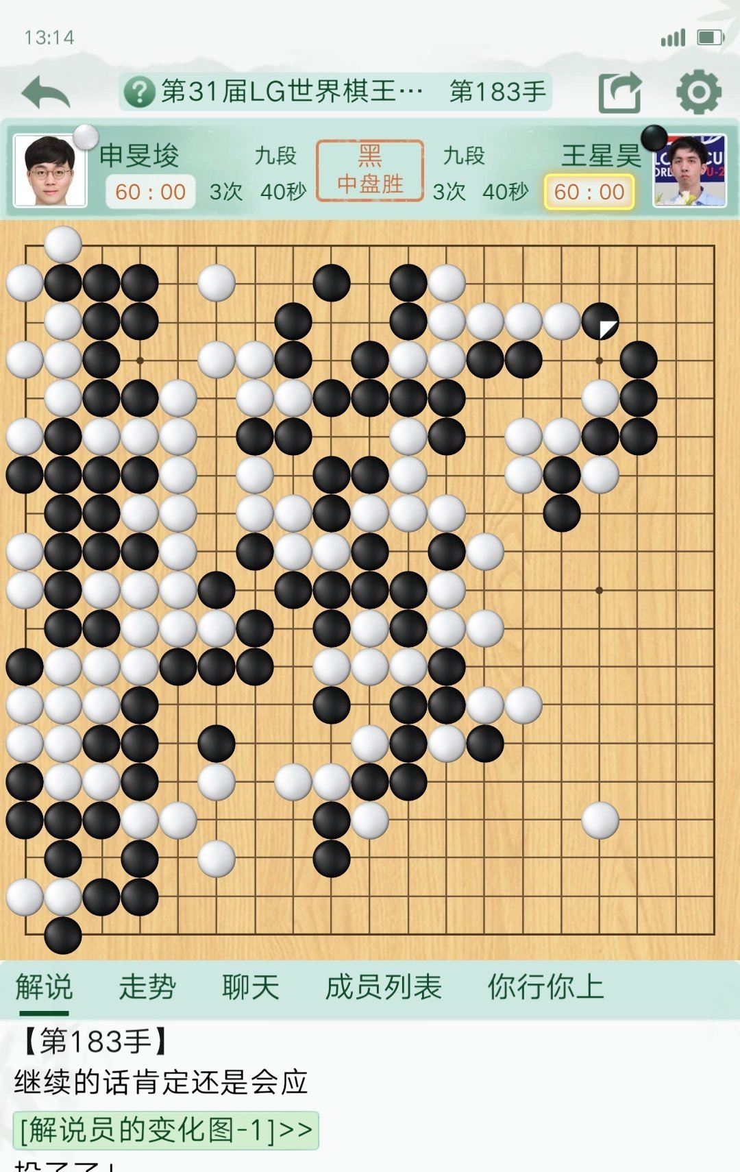 LG世界棋王赛决赛决胜局，王星昊完胜。。让1追2，又拿一冠。大申状态这半年真好，