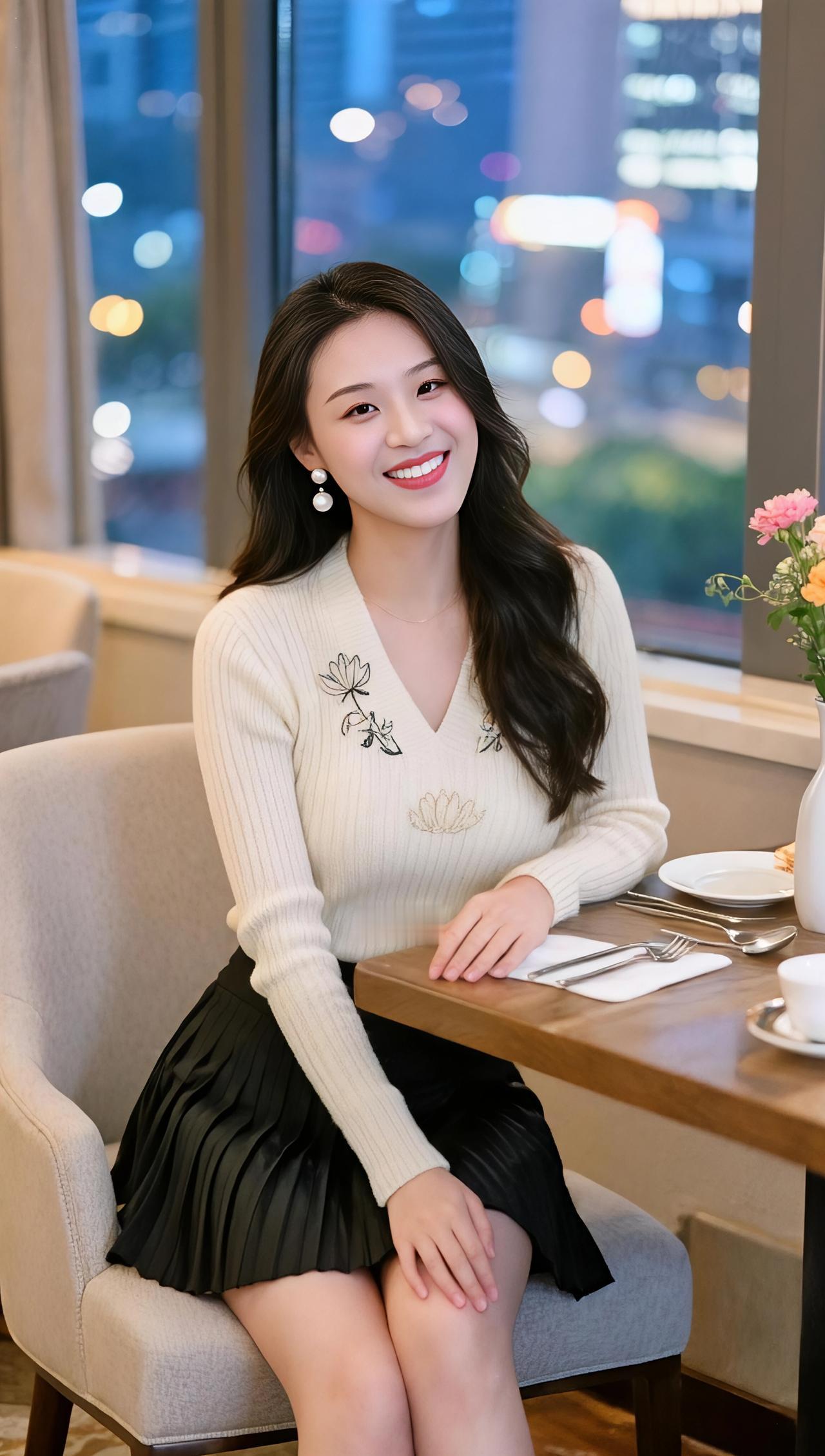 暖黄的灯光与窗外的城市霓虹交织，佳人凭桌而坐，笑容如春风般治愈，黑白穿搭简约又不