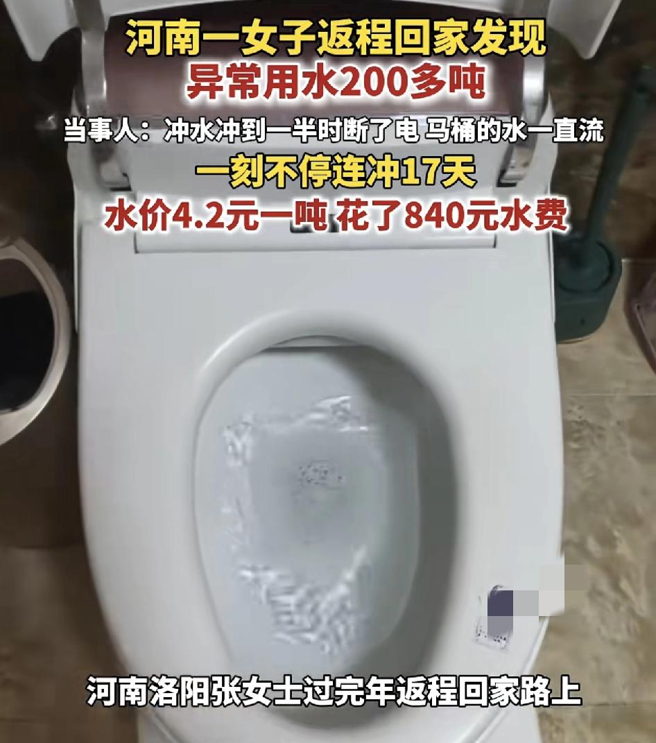 河南洛阳一女子返程回家的路上接到自来水公司打来的电话，说自己家里一天用了十几吨的