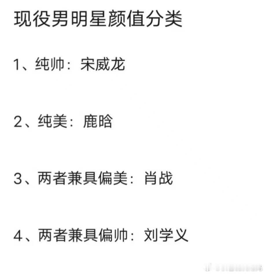 🈶网友对现役男明星颜值分类：宋威龙纯帅鹿晗纯美肖战两者兼具偏美刘学义两者兼具偏