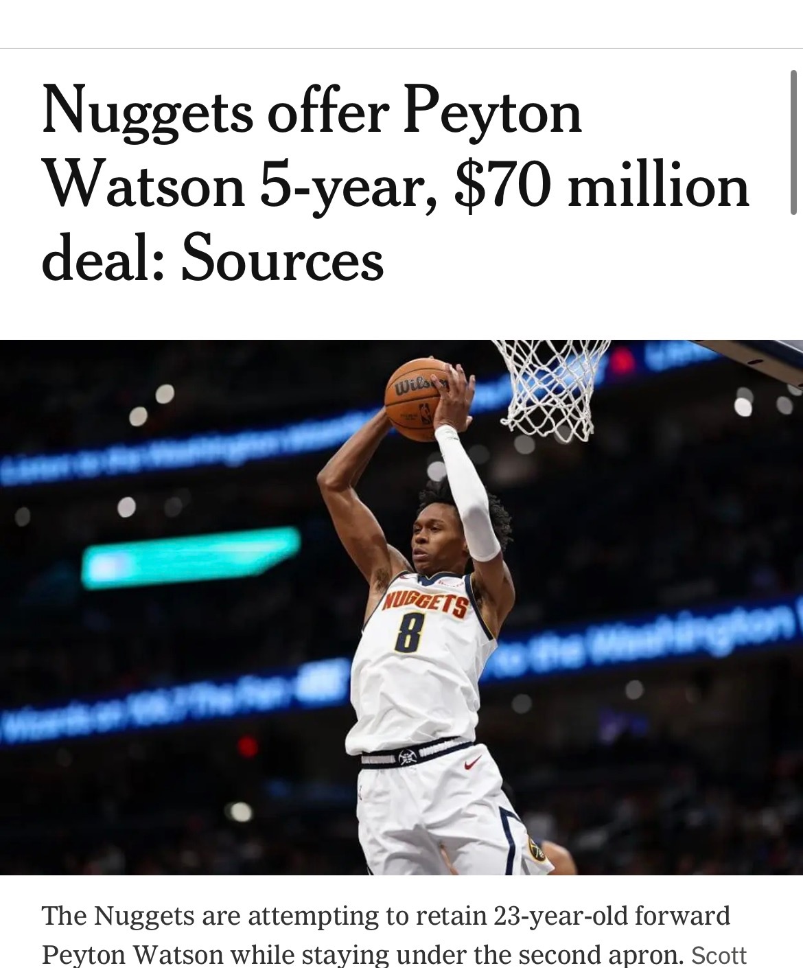 TheAthletic：掘金已经给沃特森开出5年7000万合同。联盟消息人士称