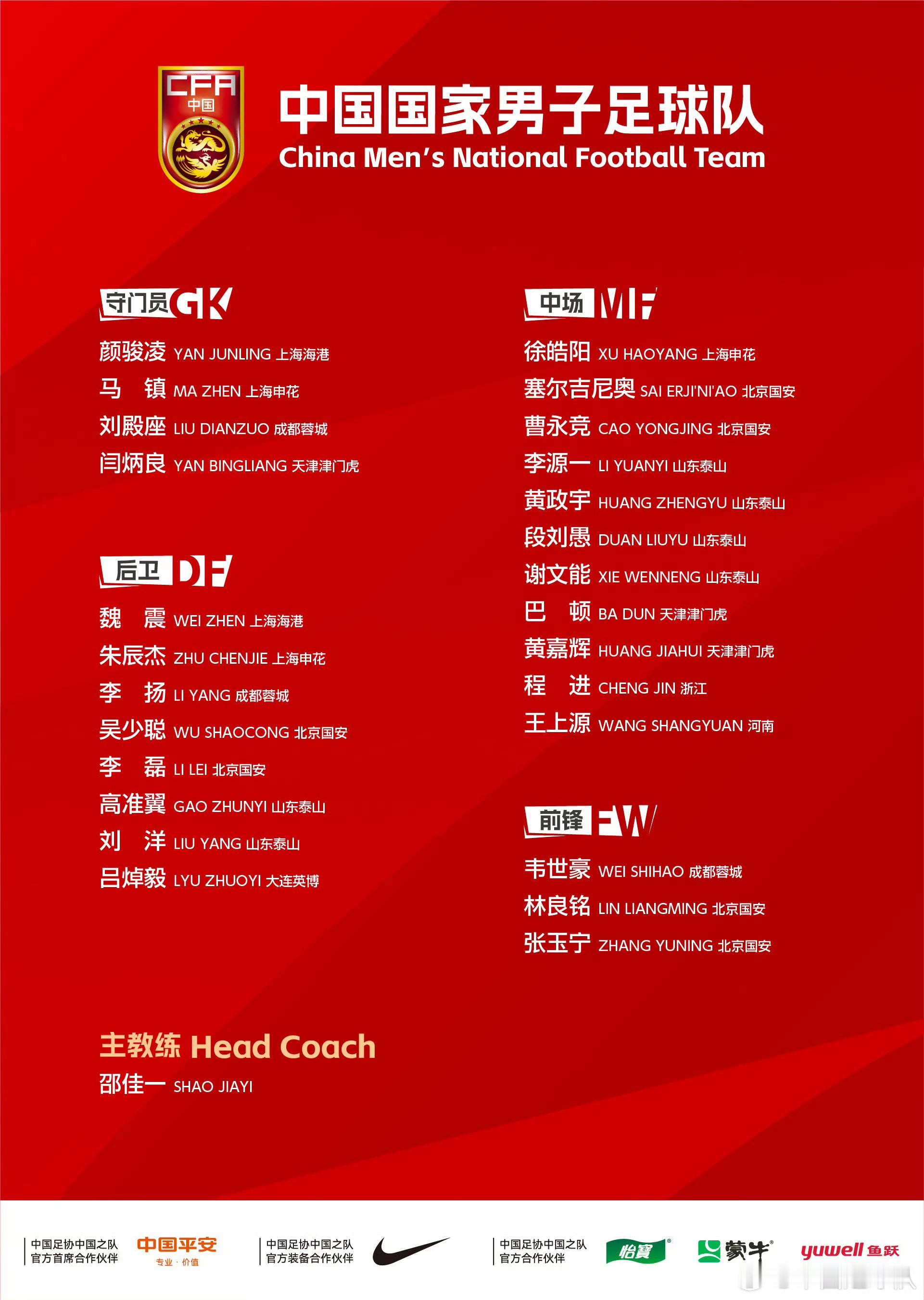 邵佳一首期国足大名单国安6人入选