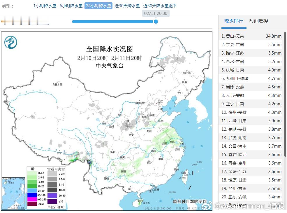 【北方雨雪匆匆南方降雨频繁】昨晚到今天，甘肃陕西山西内蒙古等地出现降雪，今晚到