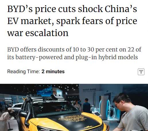 外媒：比亚迪（BYD）近日宣布对22款车型降价，最高可达30%以上，旨在推动销量