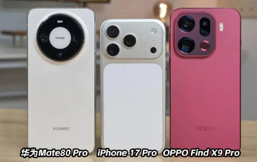 左边是6499的华为Mate80Pro，中间是8999的iPhone17