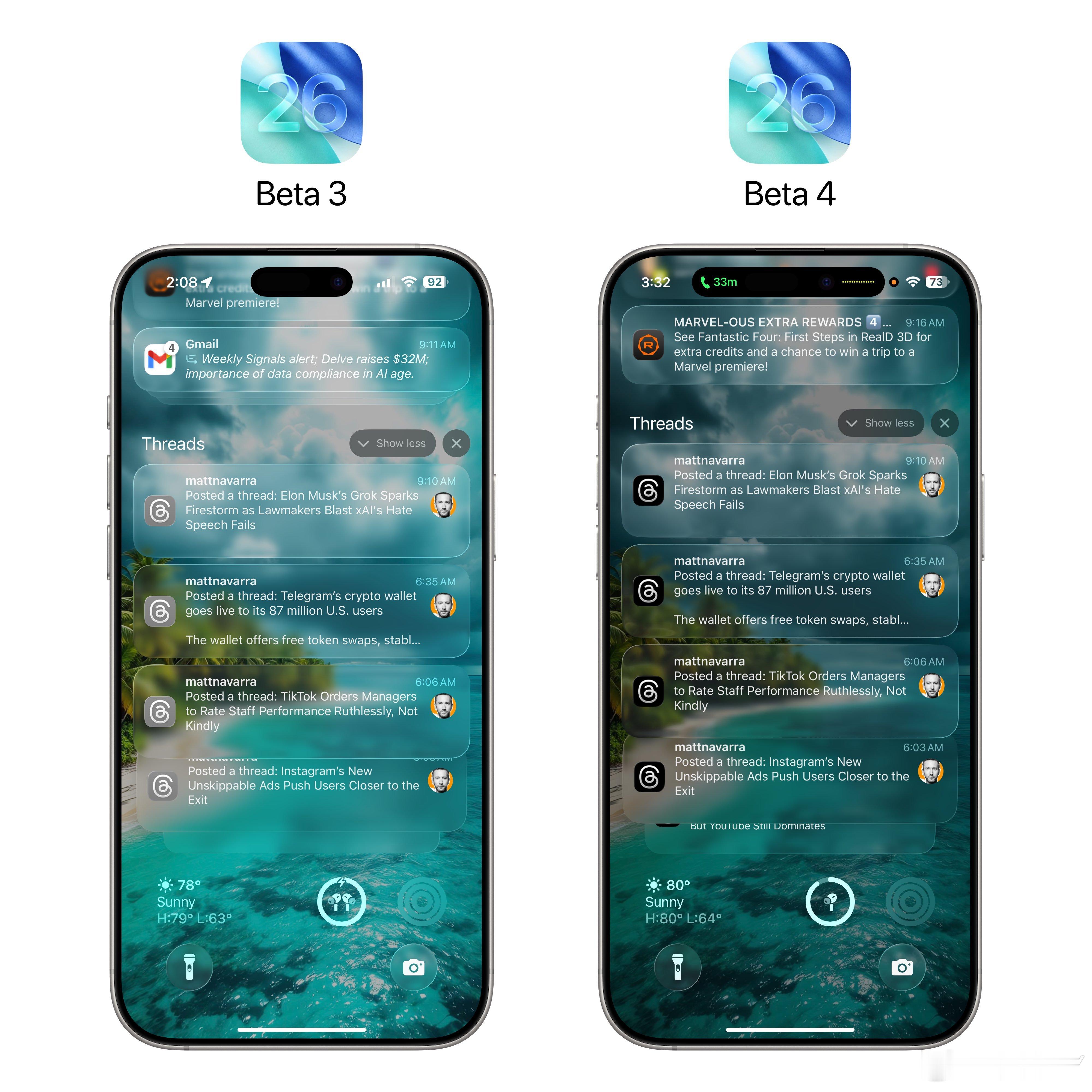 iOS26beta4中的通知功能改进。在锁定屏幕上，当您滚动浏览通知时，