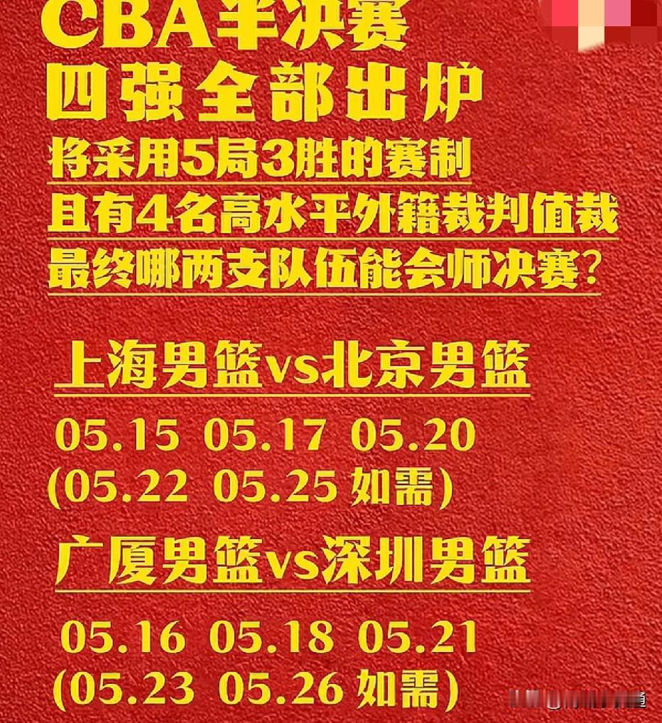 cba季后赛四强全部出炉，马上捉对厮杀。上海男篮15号打北京首钢男篮！广厦队1