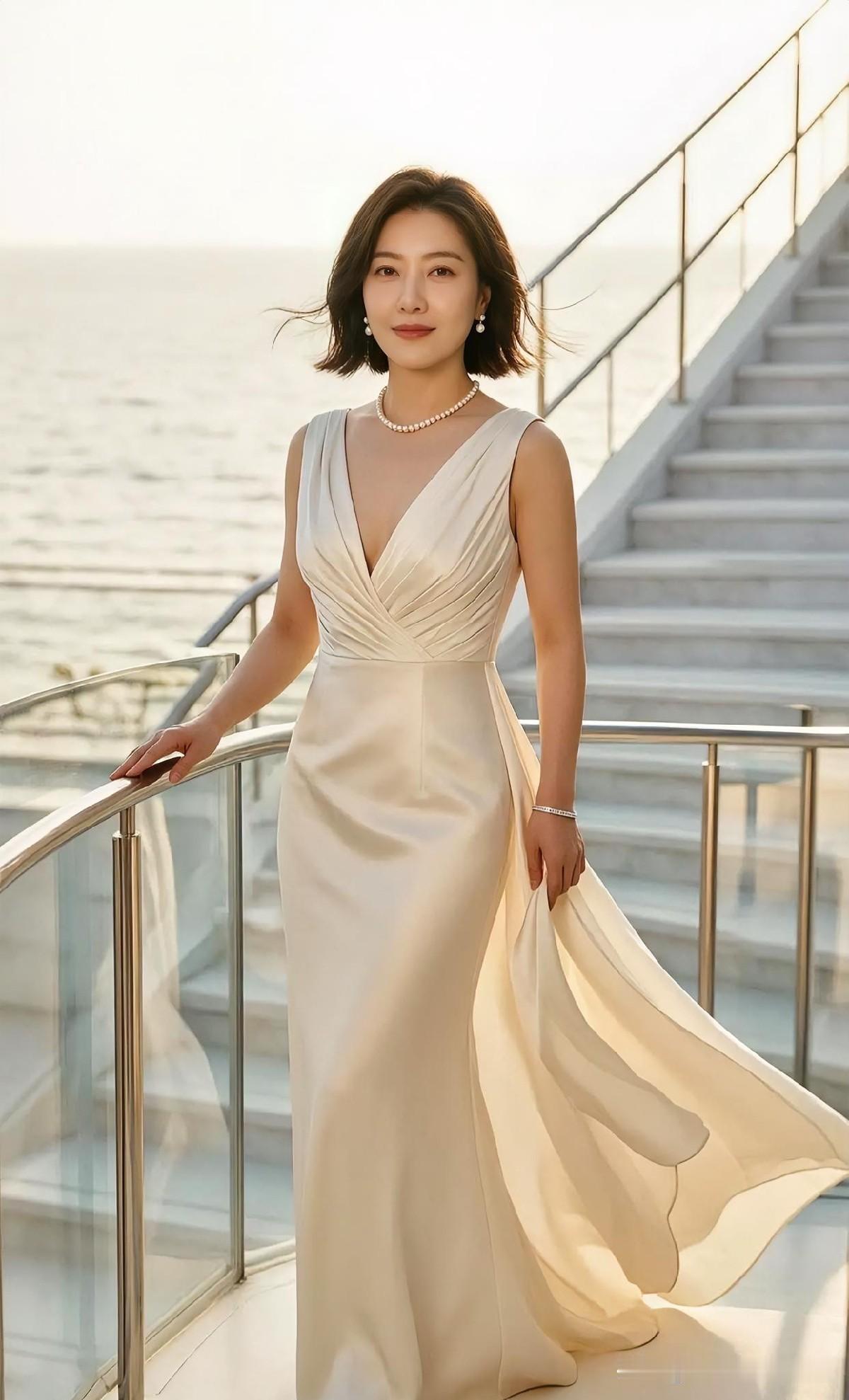 海畔晨曦中，白裙曳地如诗，珍珠温润点缀，优雅身影与微风共舞，尽显静谧柔美。