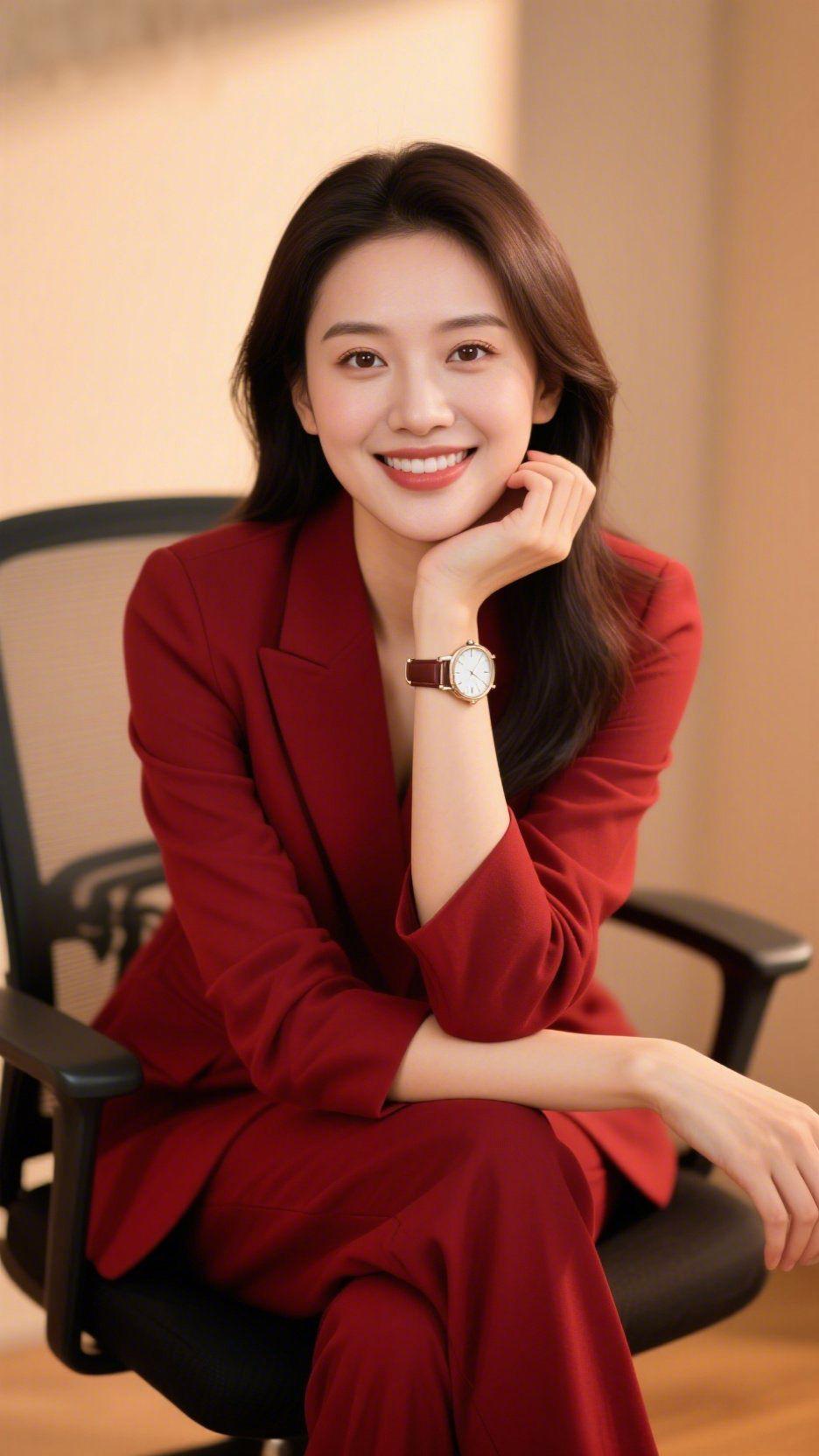 《暖室里的绯色从容》暖调光线裹着柔意漫入室内，落在绯色套装上，衬出舒展的轮