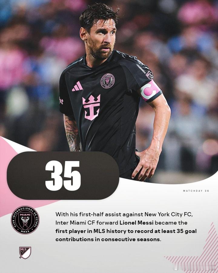 美职联历史首人！梅西美职联23场24球11助连续2赛季直接参与35球09月25