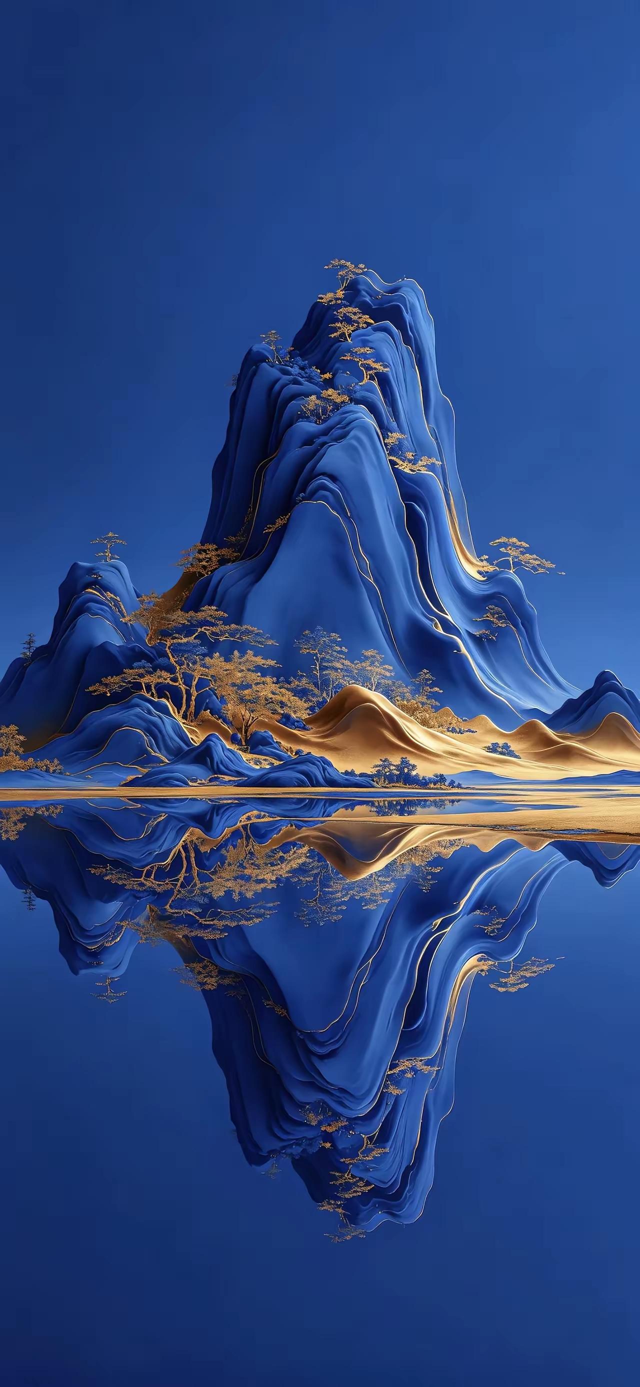 国风壁纸～青蓝为底，鎏金勾勒出层叠山峦与婉转流水，复刻出千里江山的古典意境。这是