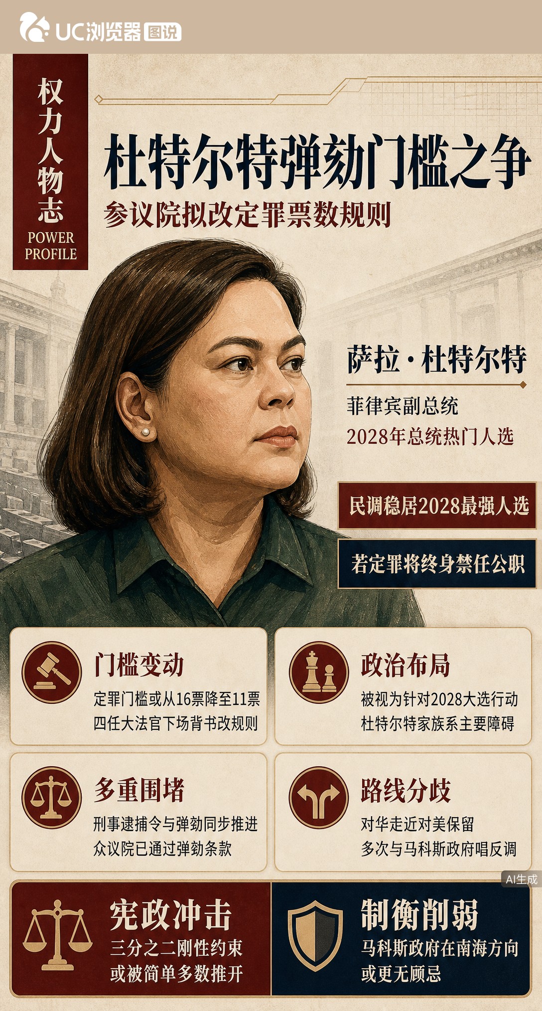 弹劾杜特尔特定罪门槛或从16票降至11票？四任大法官下场背书，参议院拟改规则绕过宪法三分之二条款。这