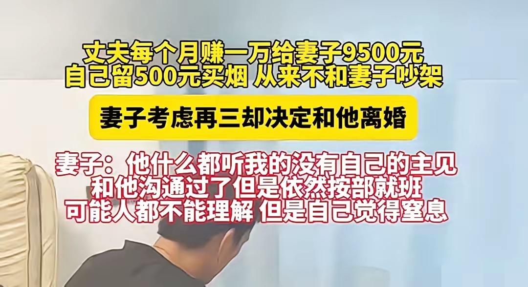 老公每个月赚一万，上交9500元，自己只留500块买烟，从来不吵架。可只有我