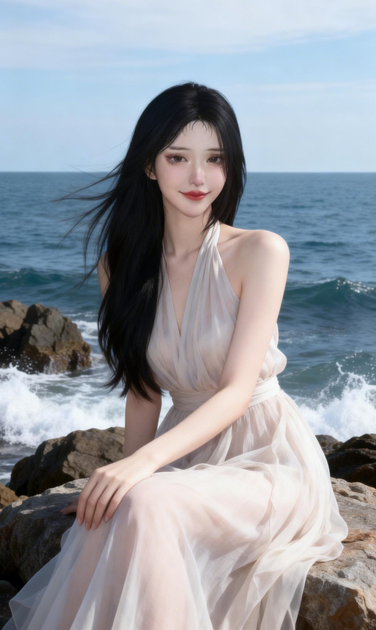 这件米白色挂脖长裙真的太懂海边氛围感了，清透的纱质被海风轻轻吹起，像裹了一身月光