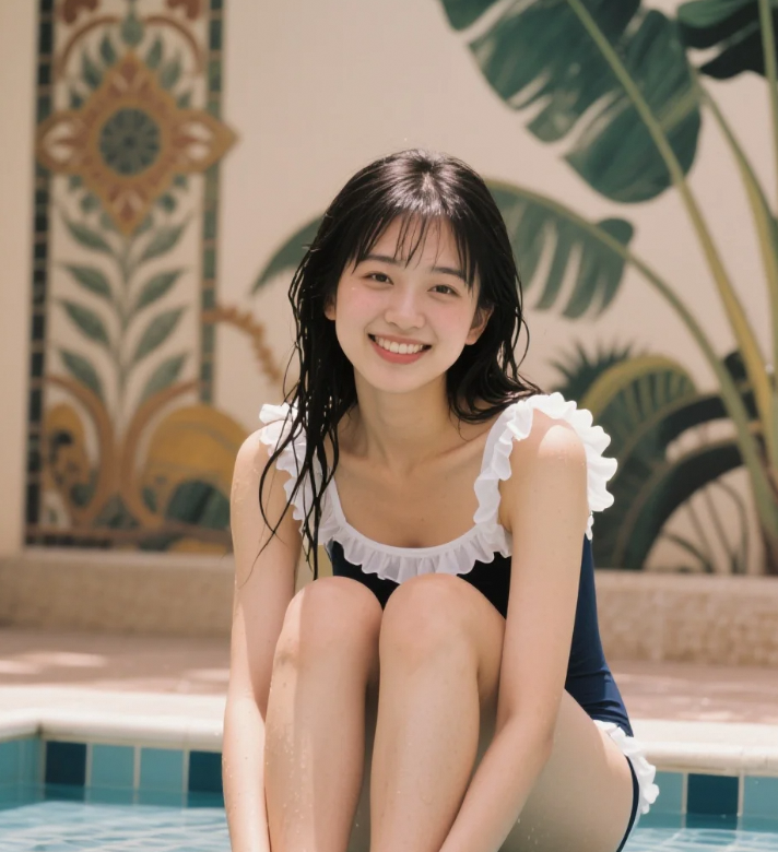 清透感暴击！泳池旁的比基尼少女侧影杀