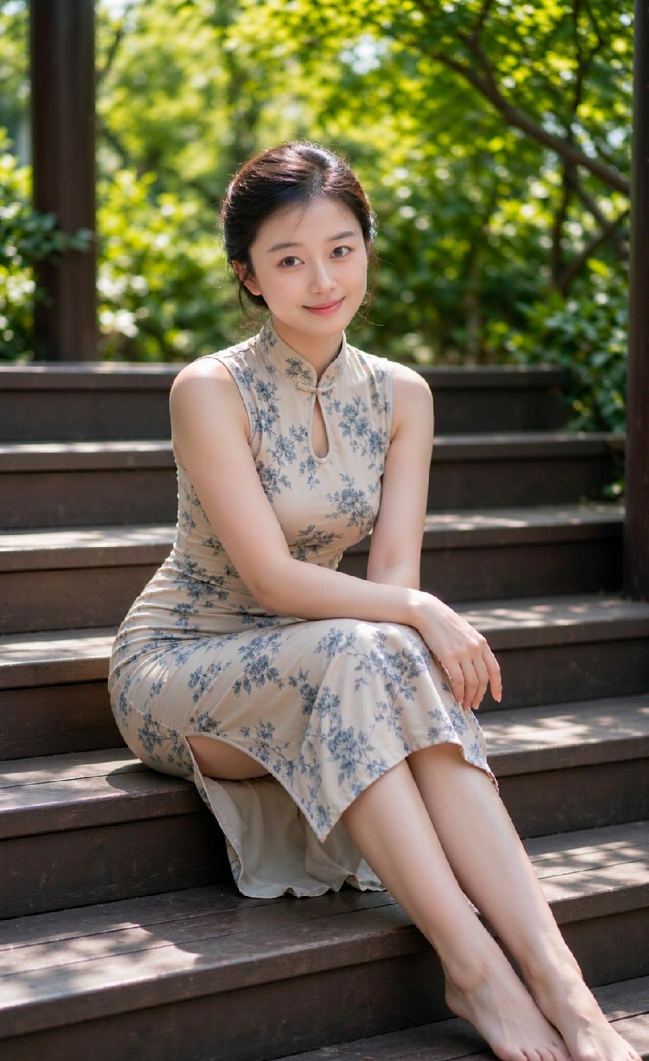 国风旗袍加身，穿旗袍的姑娘坐在台阶上微笑。气质高雅端庄靓丽，旗袍风景写真旗袍街