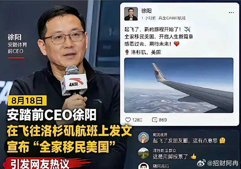 安踏前CEO徐阳在飞往洛杉矶的航班上宣布“全家移民美国”，这是扇在我们脸上一记响