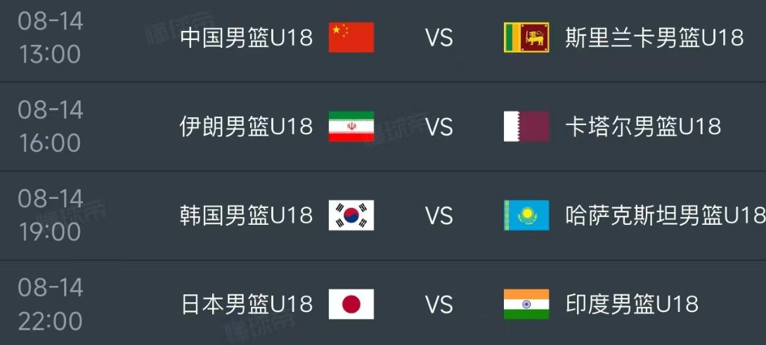 北京时间8月14日，U18男篮亚洲杯小组赛今日的赛程如下：第一场13：00，