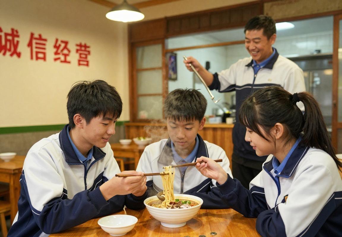 陕西西安，3名初中生来吃面，只点了一份爆肚面，3个人合吃，老板看不下去，担心孩子