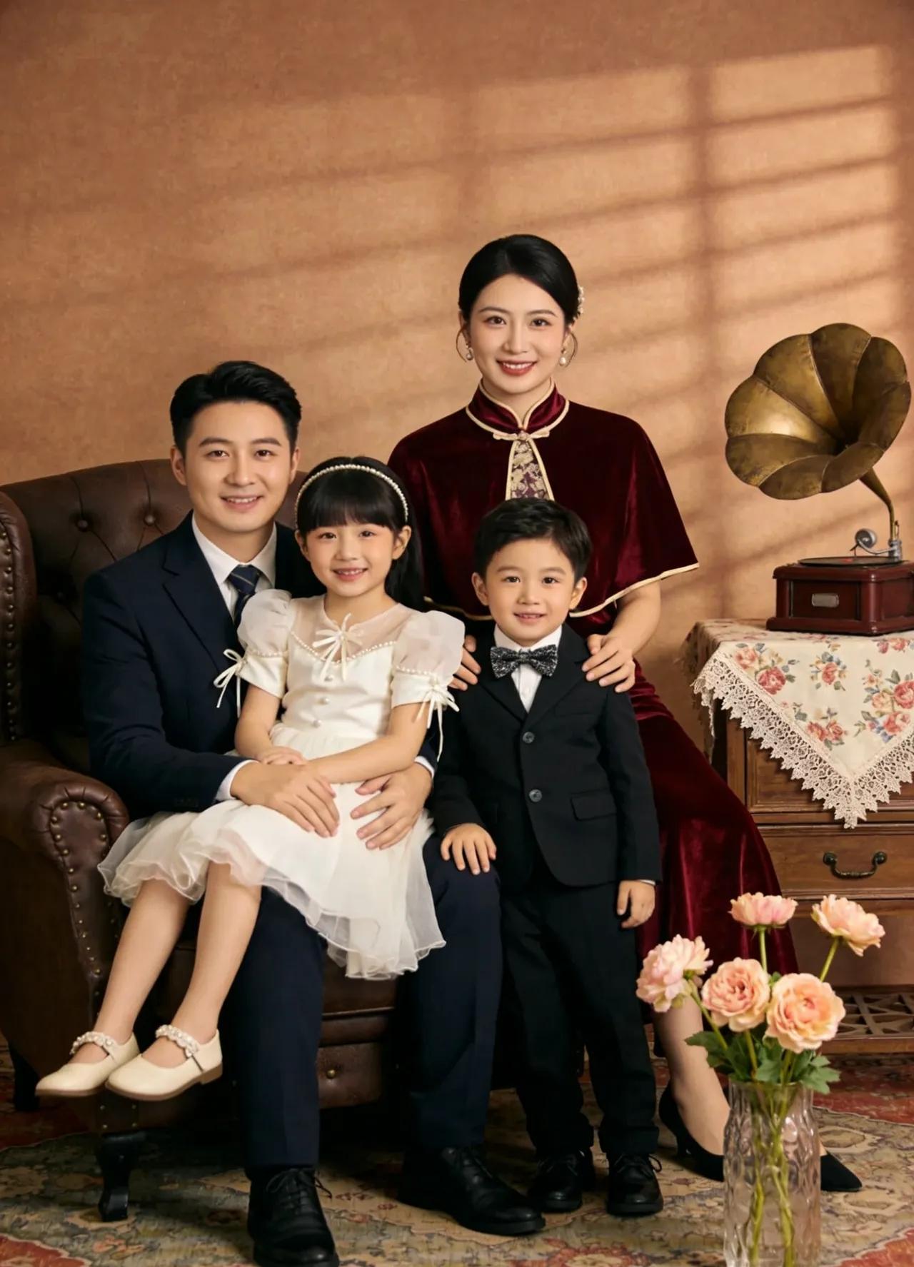 这一家四口颜值尽显高级感，夫妻二人的基因格外强大。女儿长得酷似爸爸，儿子长得神似