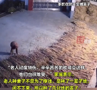 老人开三轮车碾麦子，碾了半个小时后，麦子就突然冒烟起火