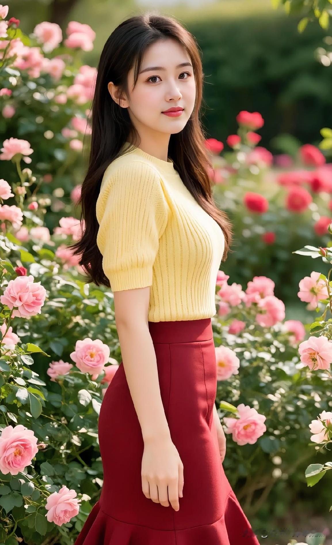 发现美花间浅笑，黄衫映红裙，温柔了春日时光。