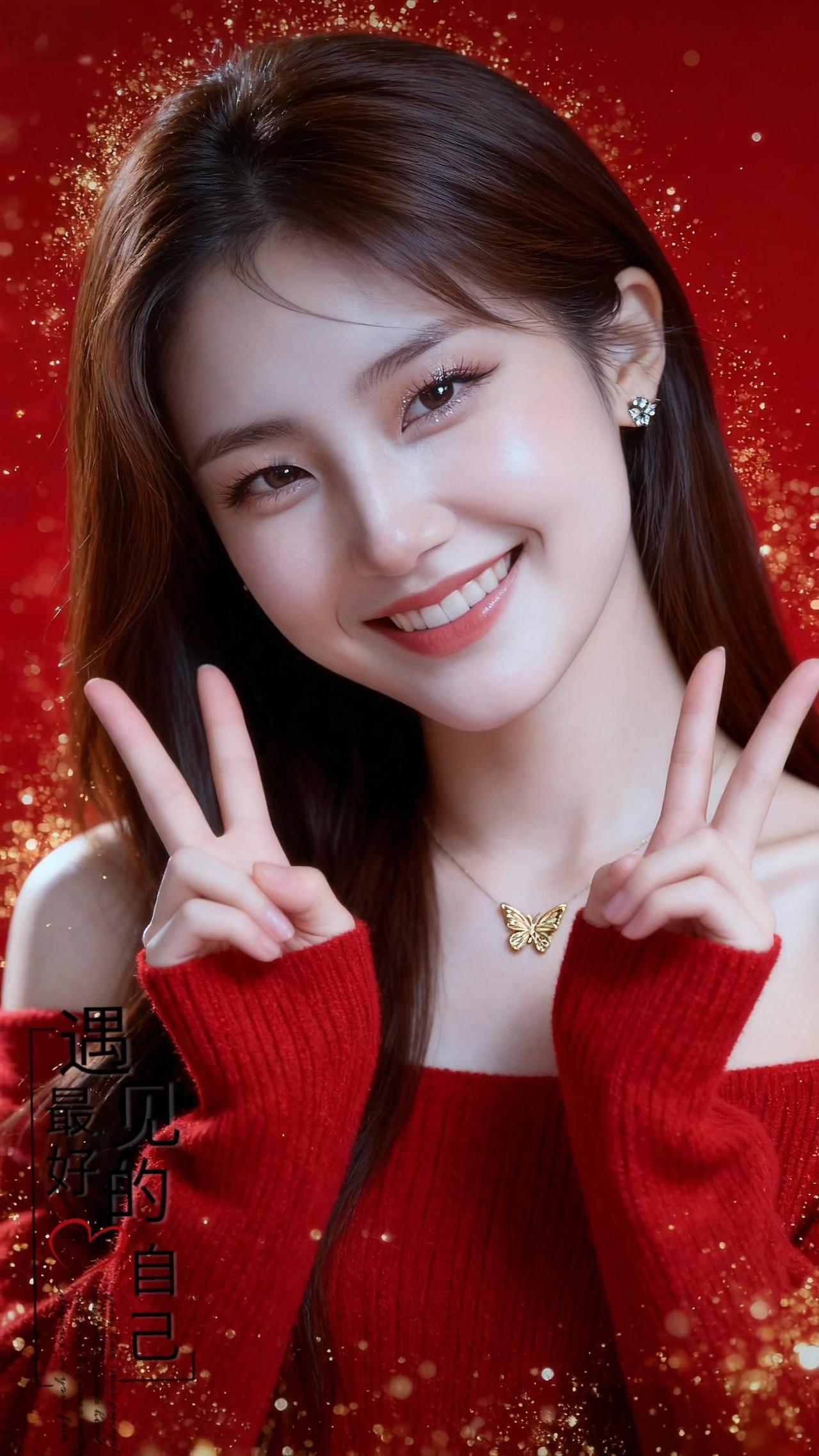 这位美女比着V字手势，笑容灿烂。